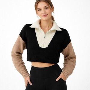 En Saison Colorblock Quarter Zip Cropped Sweater Black White Tan Long Sleeve XS